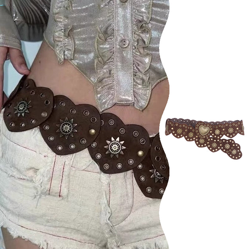 Cintura in PU a cuore di alta qualità cintura con fibbia a cuore grande retrò cintura da donna in Denim occidentale rivetti larghi cintura decorativa Steampunk