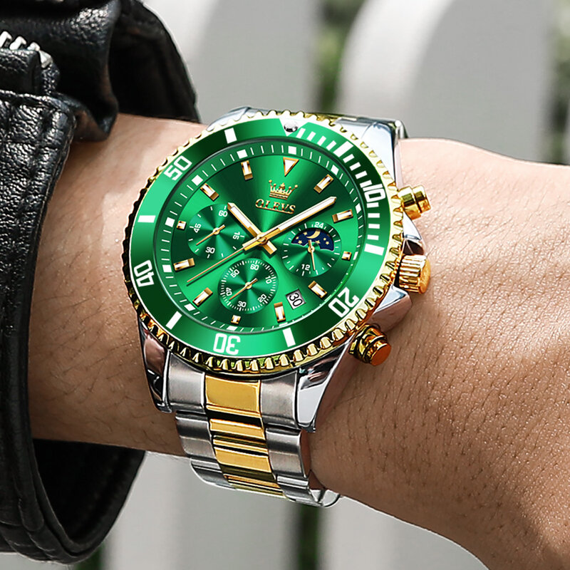Topmarkowe zegarki męskie OLEVS modne modne w stylu pilota oryginalny zegarek na rękę dla mężczyzny wodoodporny chronograf fazy świecący księżyc
