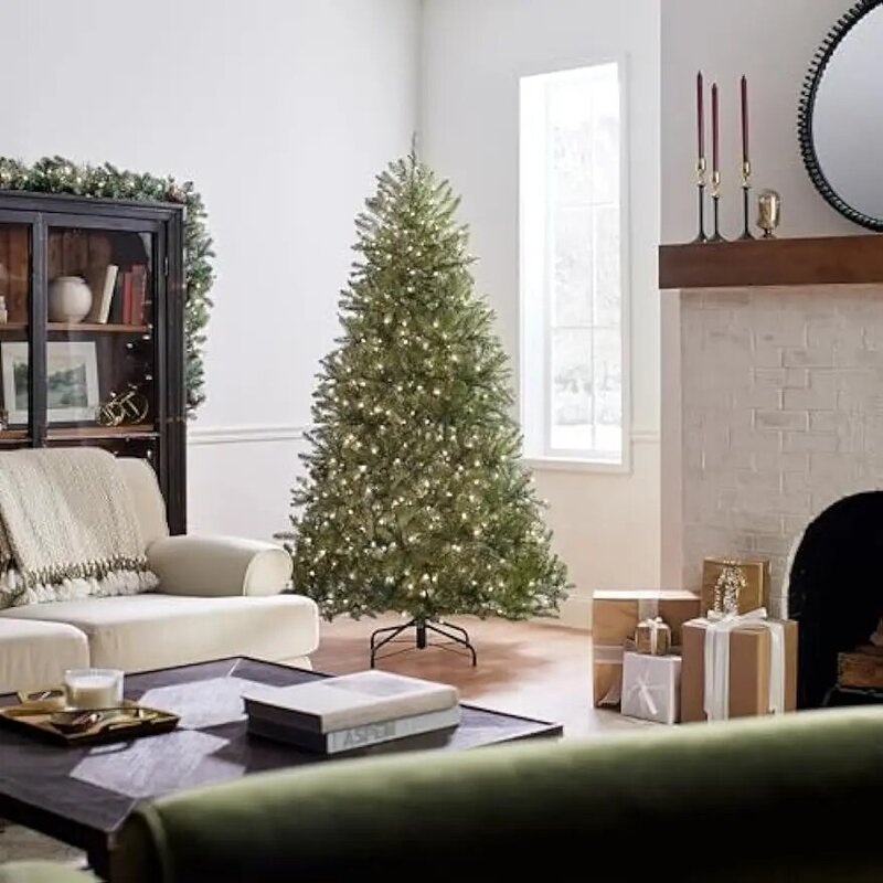 Perusahaan pohon nasional pre-lit buatan pohon Natal penuh, hijau, Dunhill Fir, lampu putih, termasuk berdiri, 6.5 kaki