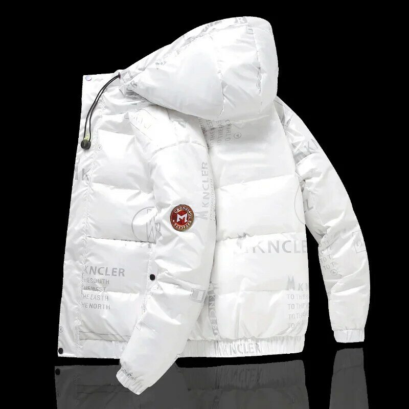 반짝이는 화이트 덕 다운 재킷, 후드 포함 짧은 스타일, 두꺼운 보온성, 트렌디 브랜드, 세련되고 따뜻함