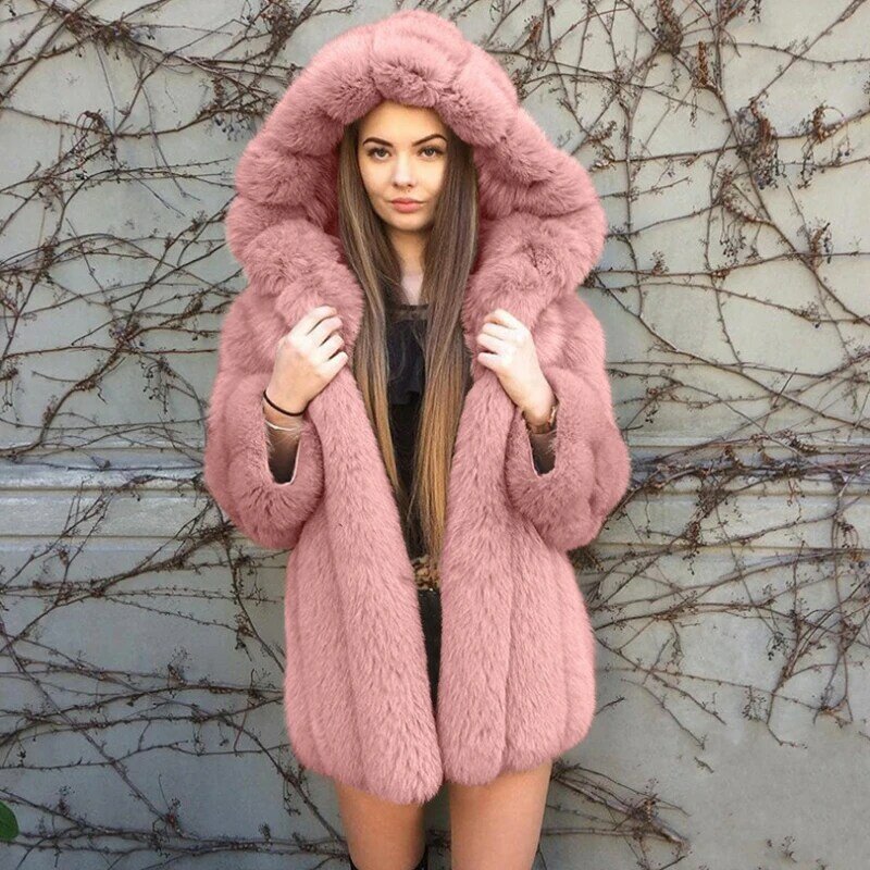 2023 Autumn Winter Women Hooded Fur Coat Midi Elegant Luxyry Thick Warm Faux Fox Fur Hooded Jacket Furry Overcoat