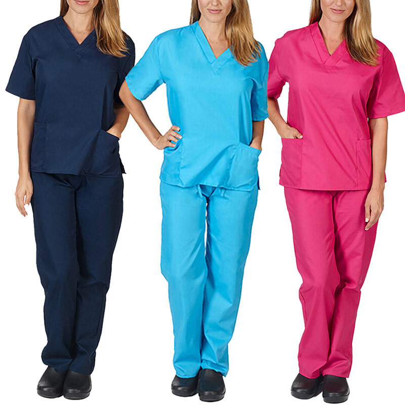 Traje de uniforme de enfermera de dos piezas para mujer, Top de manga corta, pantalones sólidos, ropa de trabajo, trajes de pantalón de Hospital, nuevo