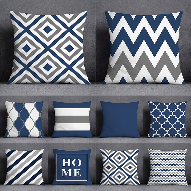 45X45Cm Kussenhoes Geometrische Patroon Polyester Blauw Grijs Kussensloop Bekleding Sofa Kussen Sierkussen Home Decor Pillowcas