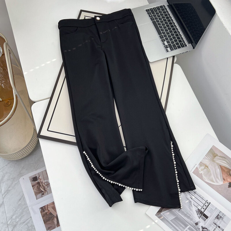 Calça rachada micro-flare feminina, casual de fundo preto fino, beading, plus size, 100kg, moda outono