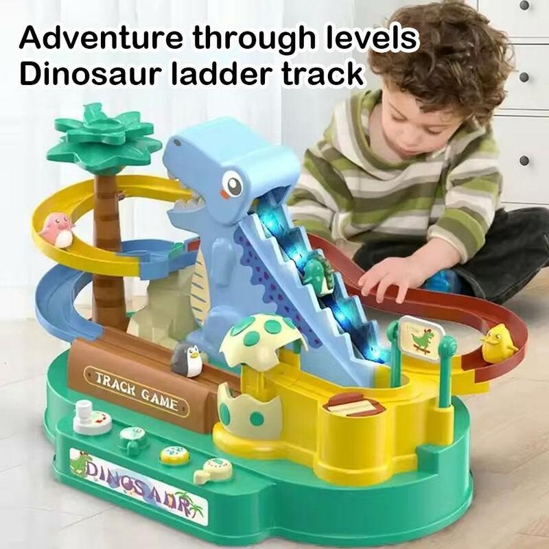 Juego de pistas de carreras eléctricas de dinosaurio con 3 muñecas aleatorias, juguetes de sonido de escalada de escaleras con luz, regalo recargable por USB para niños y niñas