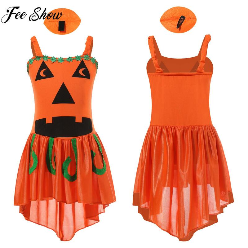 Kids Girls Pumpkin Witch Costume senza maniche Sketch Specter Print Pumpkin Dress con forcina copricapo Halloween Dress Up Costume