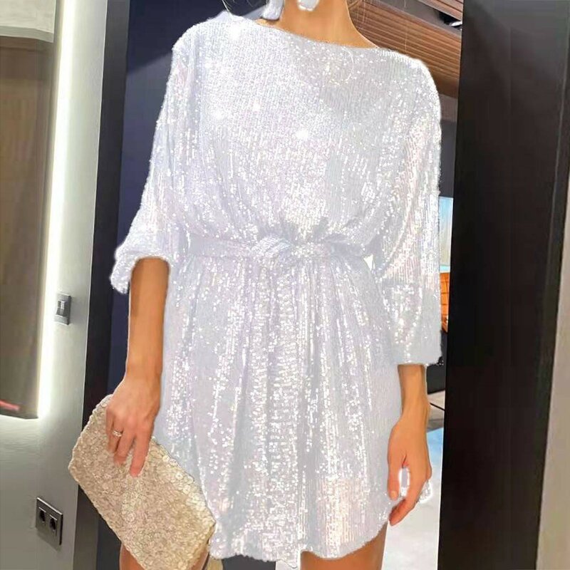Gaun Mini renda berlian imitasi elegan wanita 2024 gaun pendek belahan lengan panjang leher V bersinar musim gugur Vestidos dansa pesta wanita