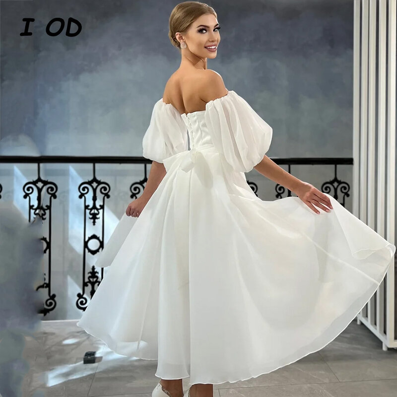 Vestido de casamento plissado simples, mangas puff, querida com laço para cima vestido de noiva, comprimento chá, personalizado, I OD, novo