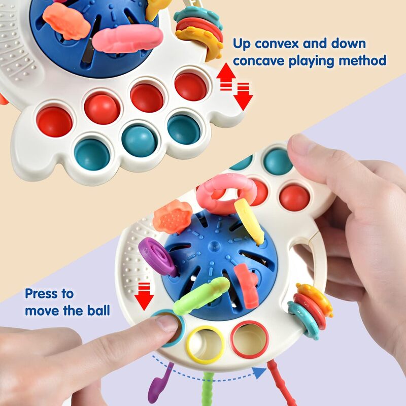 Juguete de actividad de desarrollo, sonajero de silicona, cuerda de tracción, juguetes sensoriales Montessori, juguetes educativos de dentición para bebés de 1 a 2 años