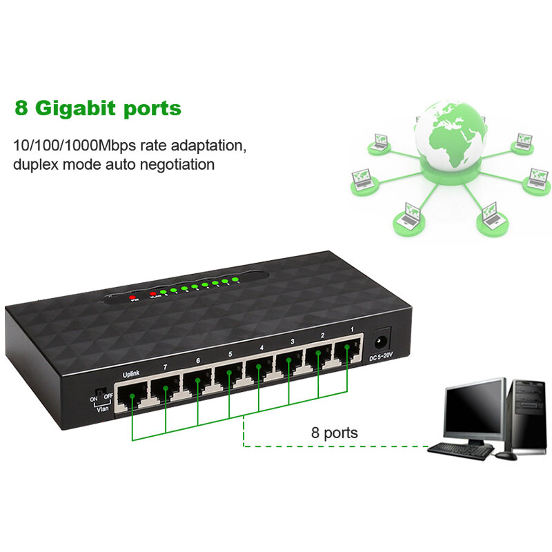 Conmutador de red Gigabit de 8 puertos, conmutador inteligente Ethernet de alto rendimiento, concentrador RJ45, divisor de Internet para oficina y escuela, 1000Mbps