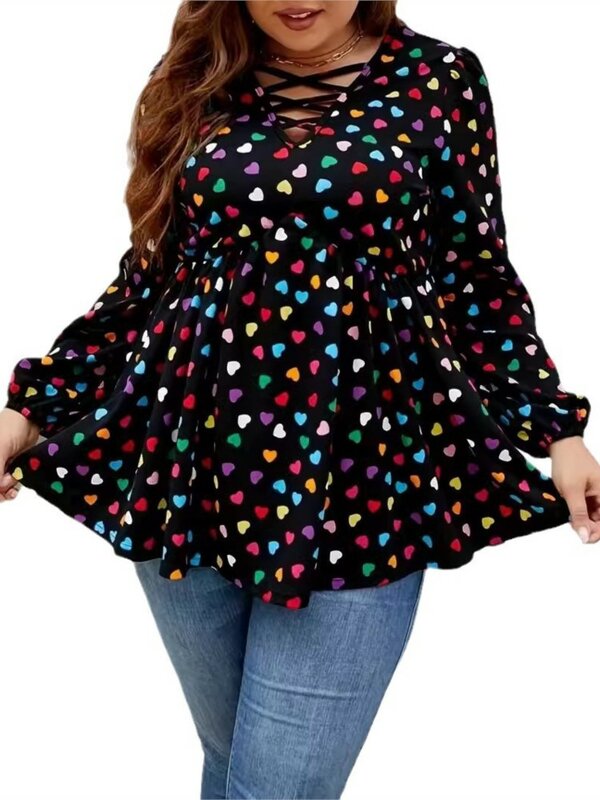 Plus Size Lente Zomer Love Print Pullover Tops Vrouwen Ruche Geplooide Dames Blouses Lange Mouw Casual Losse Vrouw Tops