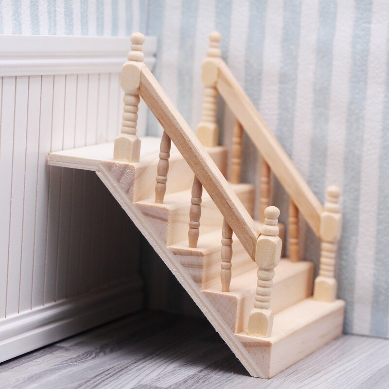 Escalera de madera en miniatura para casa de muñecas, barandilla sin pintar, modelos de escalera, muebles de jardín de hadas, juguete de Micro paisaje, 1:12