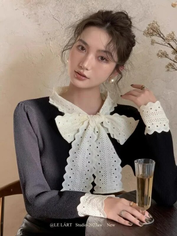 Autunno e inverno Pullover lavorato a maglia francese alla moda da donna di alta qualità dolce pizzo pizzo fiocco maglione abbigliamento femminile