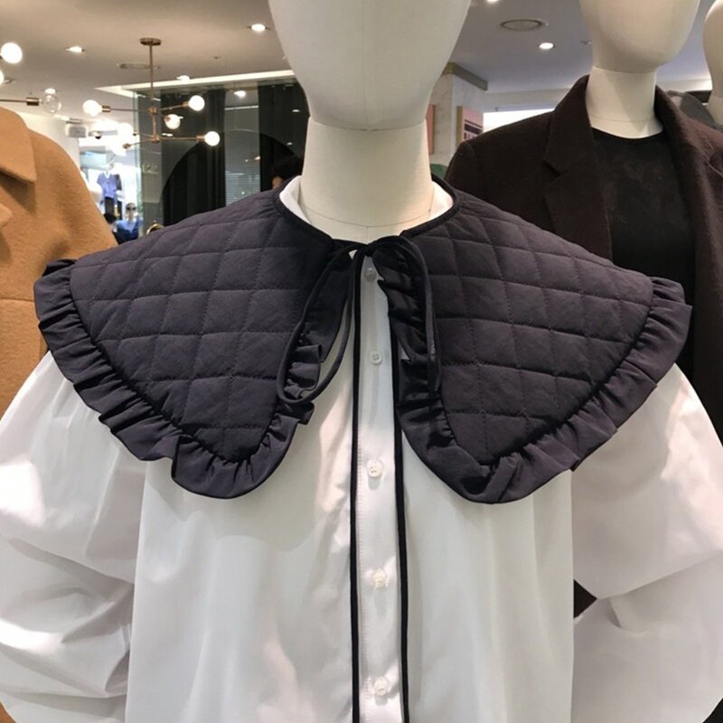 2024 新韓国スタイルの女性厚い偽襟ショールパッド入りキルティングチェック柄テクスチャフリルネックレススカーフラップ冬のケープレット