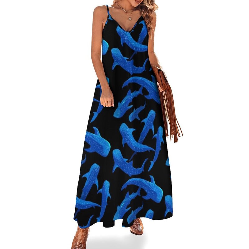 Gaun panjang wanita, gaun tanpa lengan pola paus hiu musim panas untuk perempuan