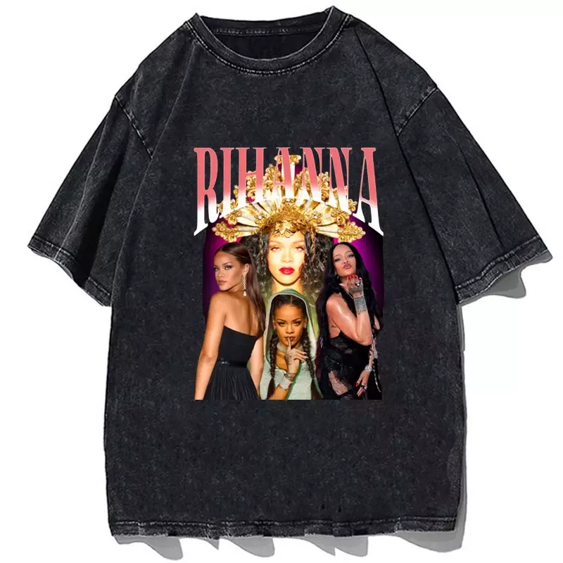 Camiseta con estampado de cantante de Hip Hop Rihanna para hombre, Camisa de algodón Vintage con cuello redondo, ropa de calle informal de gran tamaño, Tops de verano