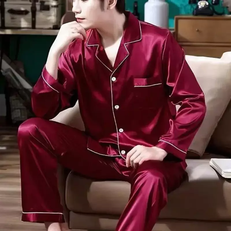 Silk Casual Homewear Set Pajamas Summer for Sleepwear Men Top Clothing Suit Pants Ice Thin Long-sleeved Pullover