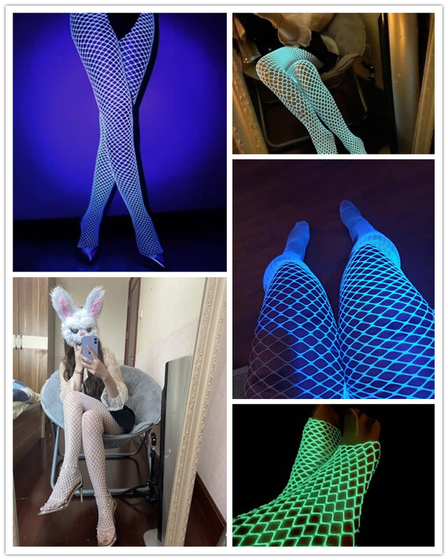 Sexy luminosa rede de pesca meias meia-calça feminina fina oco para fora sedutor festa clube meias leggings