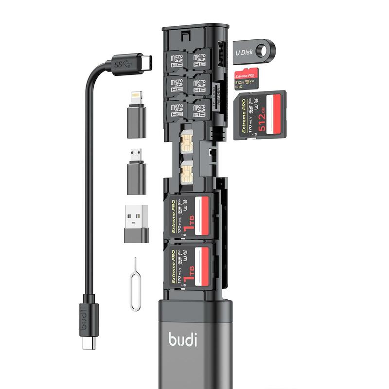 BUDI-Boîte multifonction 9 en 1 USB 3.0, transfert de données, câble de charge rapide 65W, carte SD TF, boîte de rangement pour iPhone