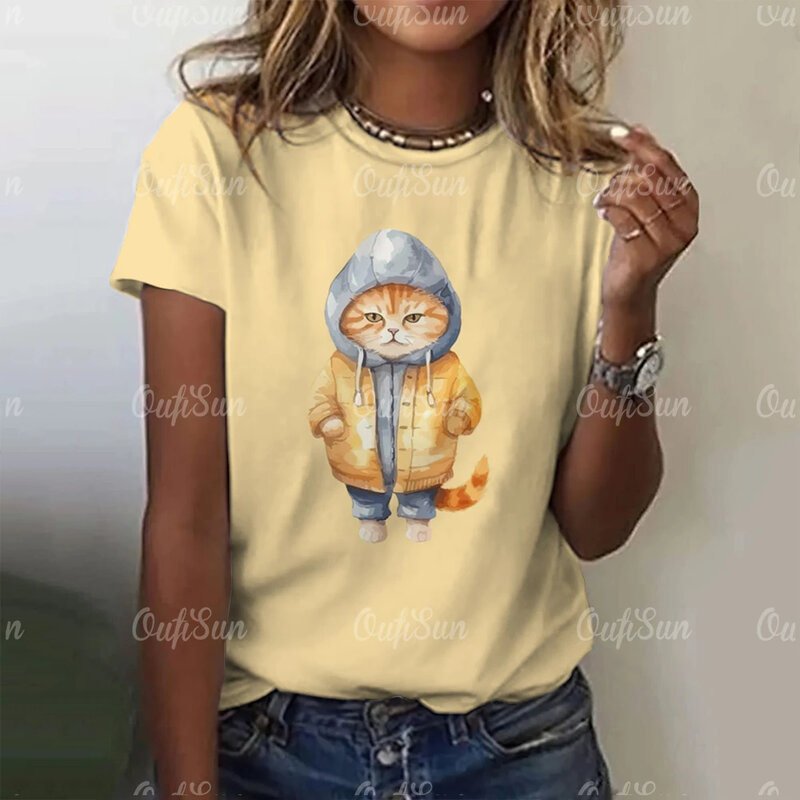 Kaus wanita musim panas kaos hewan ukuran besar pakaian wanita Pullover jalanan kasual atasan lengan pendek leher V cetak kucing marah