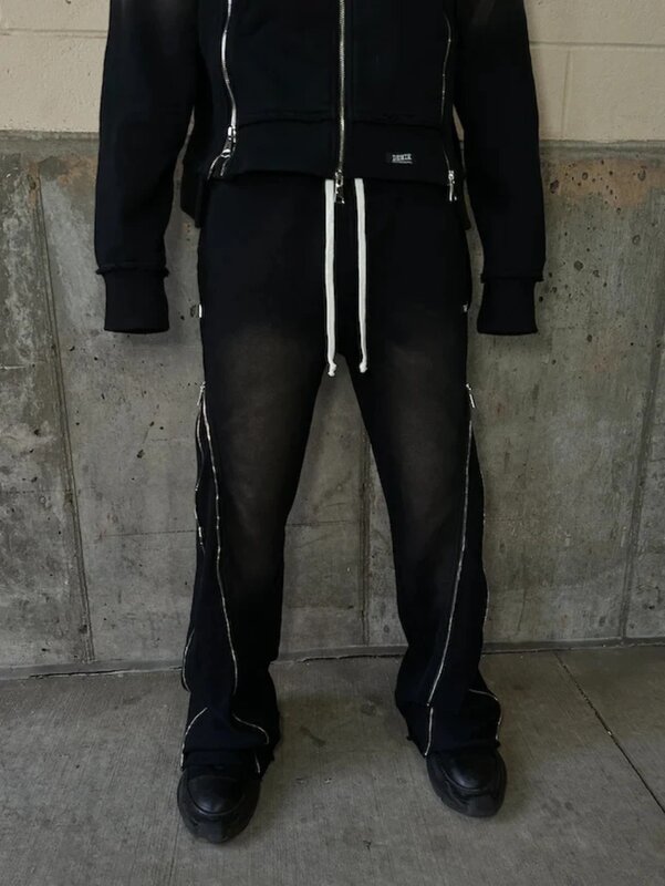 Streetwear luźne spodnie na co dzień Y2K Retro zamek błyskawiczny dekoracja spodnie dresowe spodnie mężczyźni kobiety Harajuku Hip Hop list spodnie do joggingu