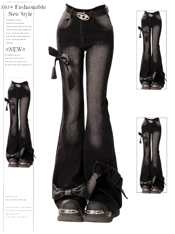 Calça jeans preta de arco gótica feminina, estética Harajuku, calça jeans Y2K, calças de cowboy de cintura alta, roupas da moda vintage, anos 2000