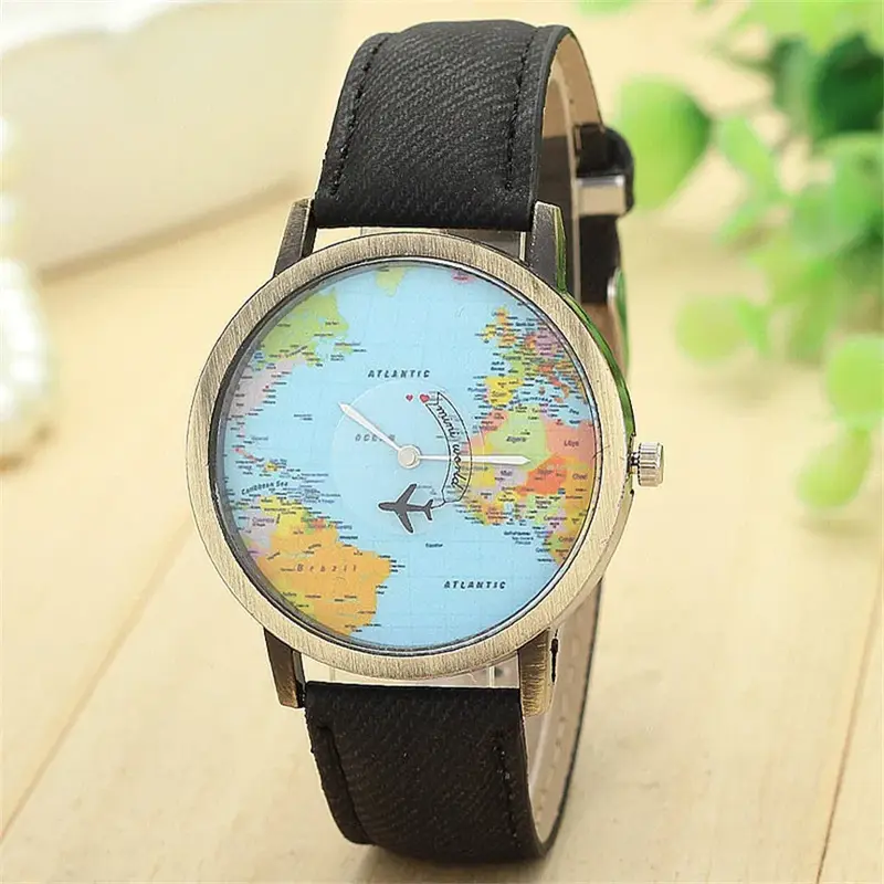 Cool Mini World-Reloj de pulsera de cuero para hombre y mujer, cronógrafo de cuarzo con mapa, avión, viaje alrededor del mundo, versátil, a la moda