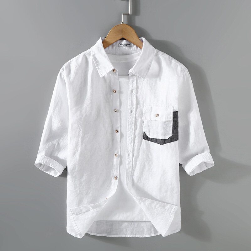 Camisa de lino de media manga para hombre, camisa holgada y transpirable con bolsillo de retales, Top cómodo, Verano