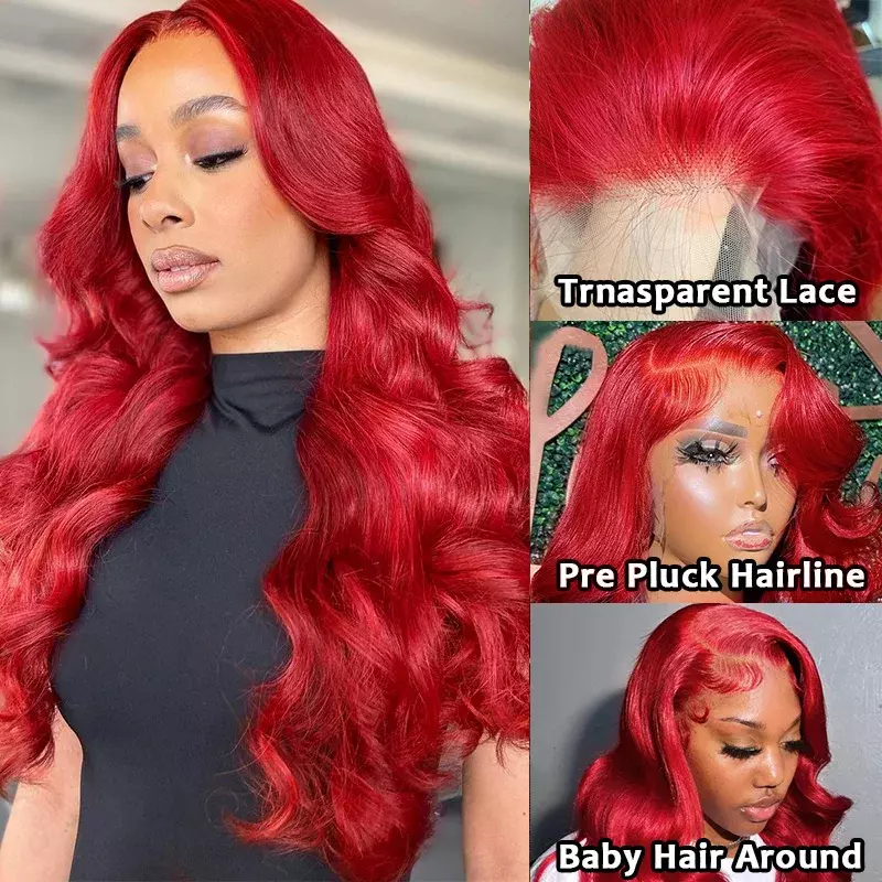 Peluca de cabello humano ondulado para mujer, postizo de encaje Frontal 13x6 DE 34 pulgadas, color rojo, prearrancado, 13x4, HD