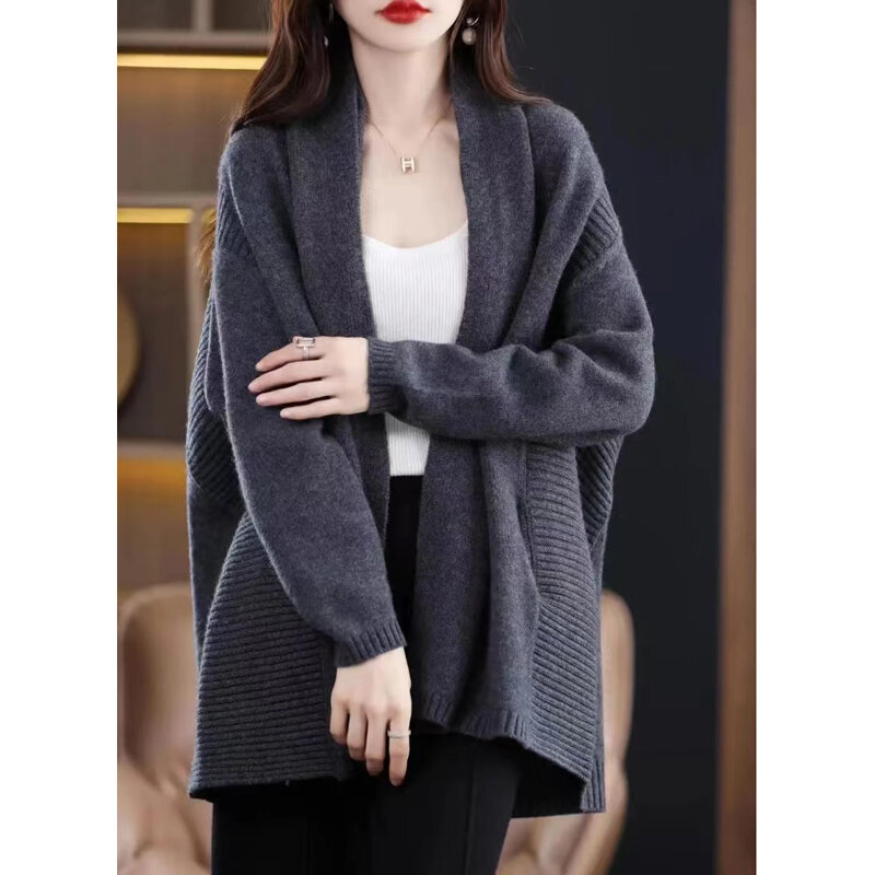 New 100% Merino Wool Cardigan Women Sweaters   Soft Cashmere Knitwear Shawl Korean Popular Grace Tops Autumn Winter Female Coat