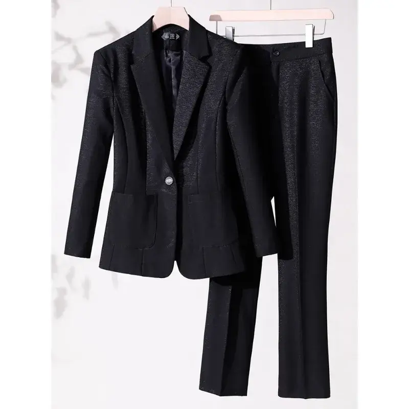 사무실 숙녀 블레이저 바지 세트 여성 비즈니스 작업복 재킷 및 바지 살구색 블랙 포멀 2 종 세트, 포켓 포함