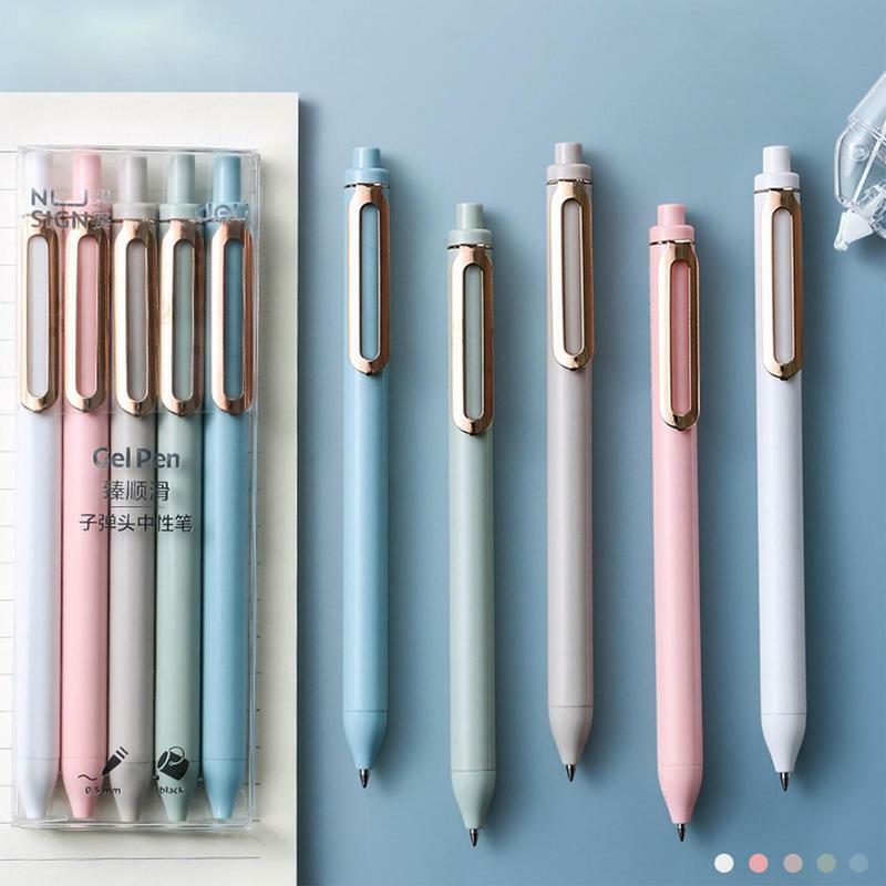 Pulpen Gel 5 buah pulpen 0.5mm, pena titik halus, desain klip logam isi ulang dapat diganti, presisi tinggi untuk wanita & Pria Note
