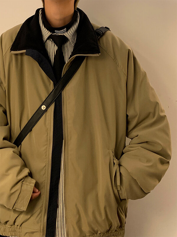 Japanischer Baumwoll mantel Männer Harajuku einfarbig Stehkragen Parka Street Winter lose Baumwoll jacke lässig für Männer l15