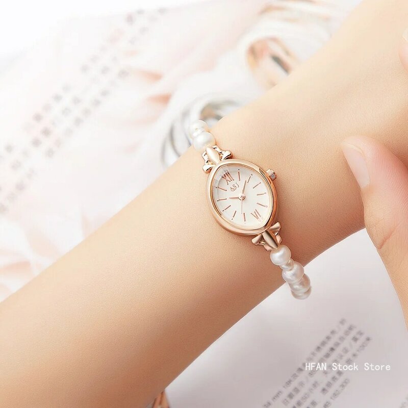 Relógio de quartzo com pérolas de água doce feminino, relógio de pulso elegante e natural, ponteiro casual, doce presente para ela