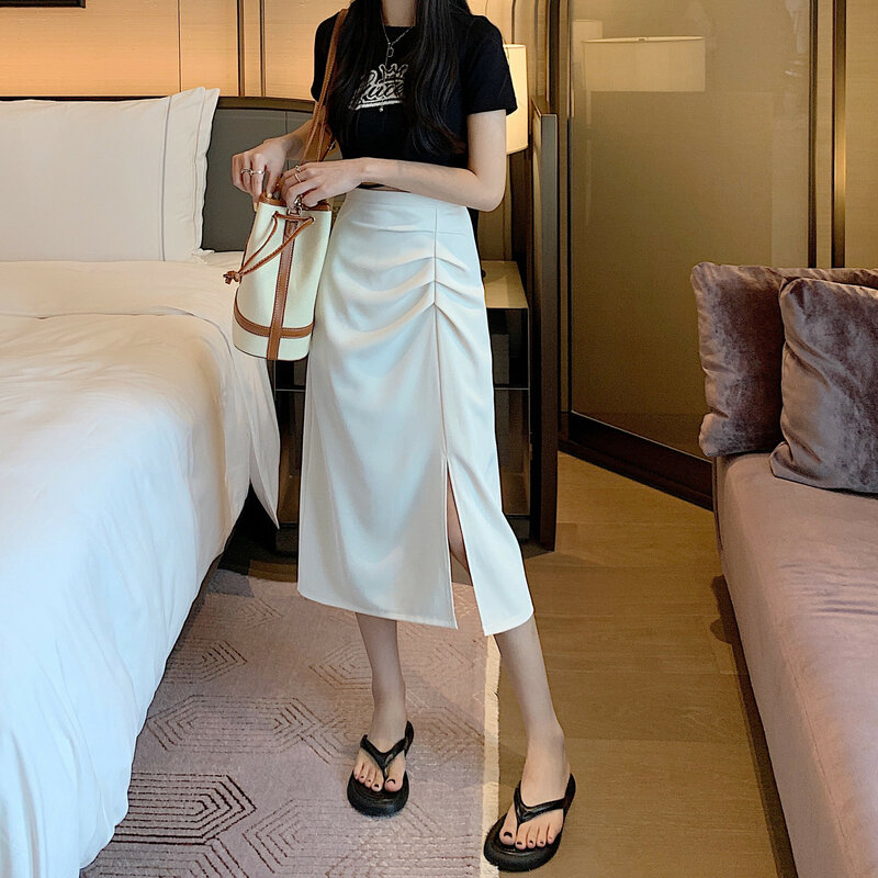 Röcke Frauen Mitte der Wade Seitens chlitz Design Falten hohe Taille Hüfte gewickelt koreanische Mode solide einfache elegante Dame lässig stilvoll 4xl
