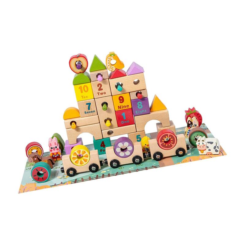 Wooden Building Stacking Blocks Set Jigsaw Puzzle Cartoon Montessori Toys for New Year Birthday Gifts Festival Holiday Kids