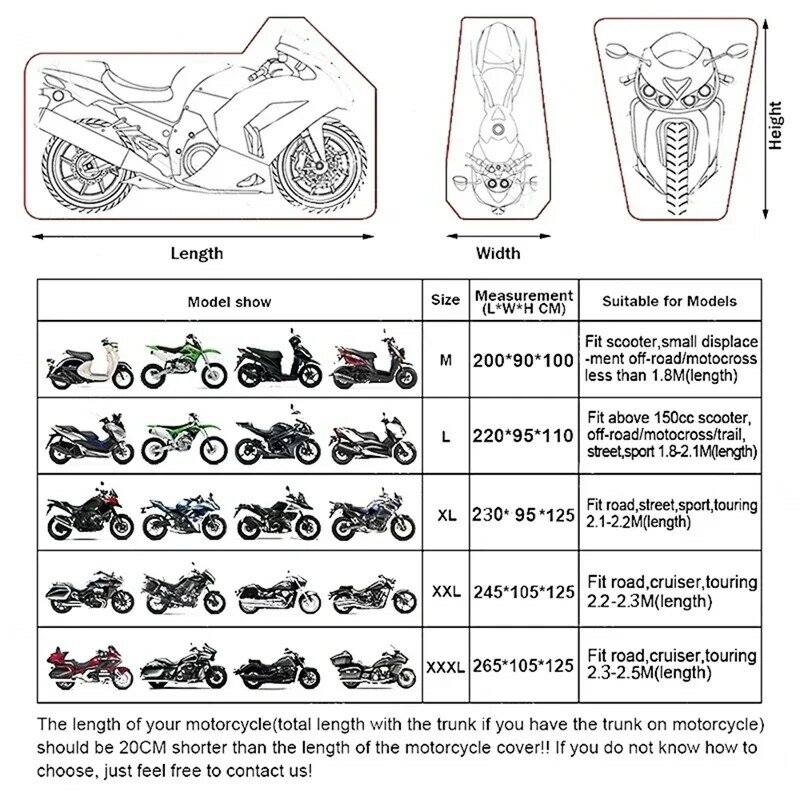 Waterproof Motorcycle Cover, exterior e interior, Scooter Wear-Resistant Fabric, Motorbike Cover, toda a temporada, Dustproof, UV protetora