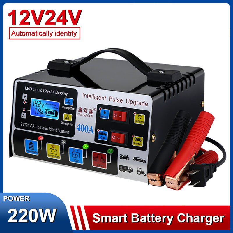 バッテリー充電器220W,12V,24V,高周波,インテリジェントパルス,完全自動バッテリー充電器,液晶ディスプレイ