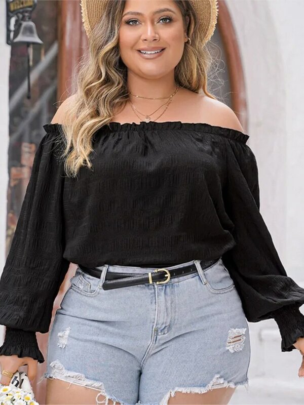 Plus Size Lente Off Shoulder Sexy Pullover Tops Dames Lange Mouw Geplooide Mode Dames Cropped Blouses Losse Vrouw Tops