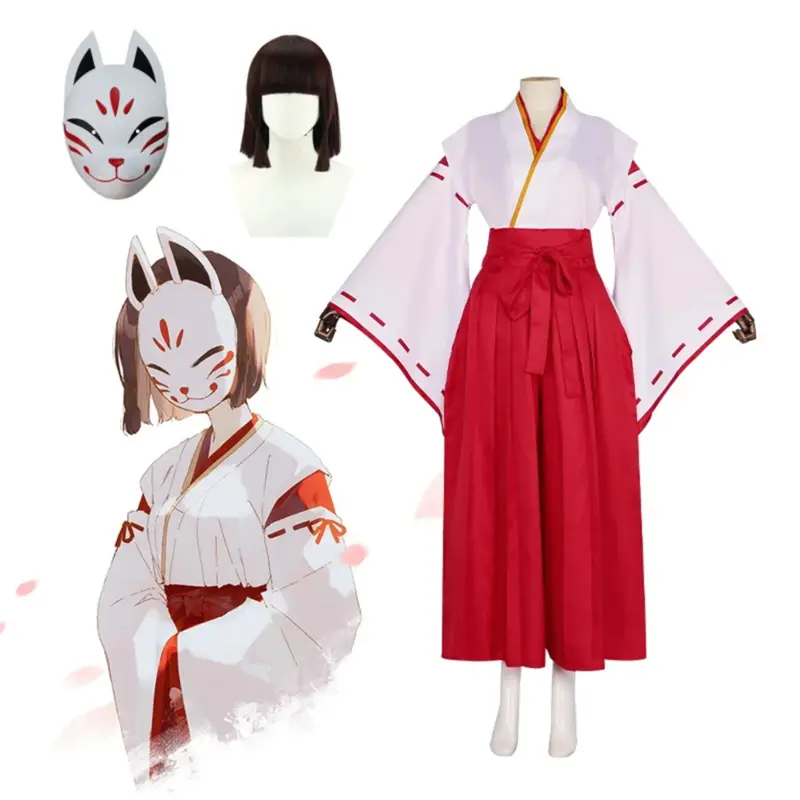 Cosplay Genshin Impact Hanachirusato Costumes Wig Fox Mask Kazari Hanachiru Sato Mask Miko Halloween Carnival Clothes