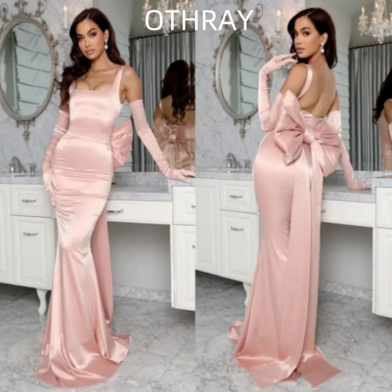 Kobiety eleganckie satynowe z kokardą z tyłu suknia wieczorowa drugie przyjęcie urodzinowe paradne bez rękawiczek 2024 różowych sukien wieczorowych syrenek