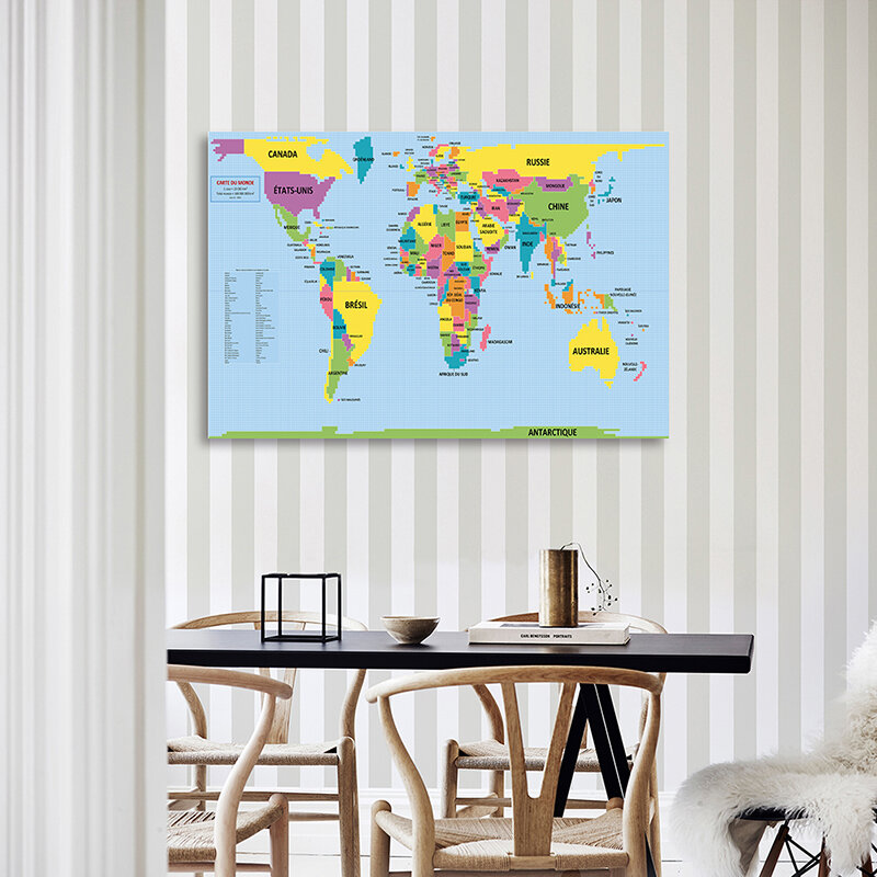 ملصق زخرفي غير منسوج باللغة الفرنسية ، خريطة العالم ، لوحة جدارية ، ديكور منزلي ، مستلزمات مدرسية للأطفال ، 225x150cm
