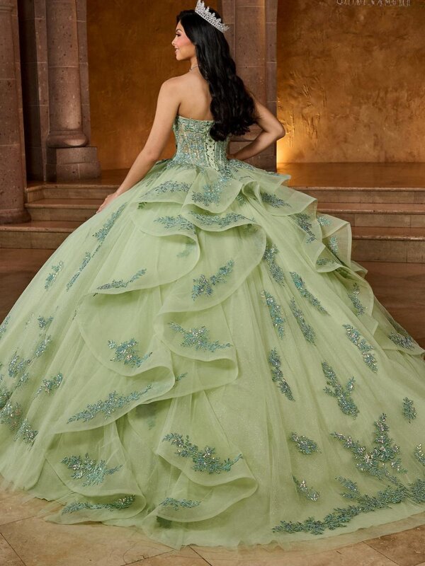 Błyszczące cekiny aplikacje Quinceanrra suknie balowe odpinany rękaw księżniczki długie pełne wdzięku falbany słodkie 16 sukienki przedsionek
