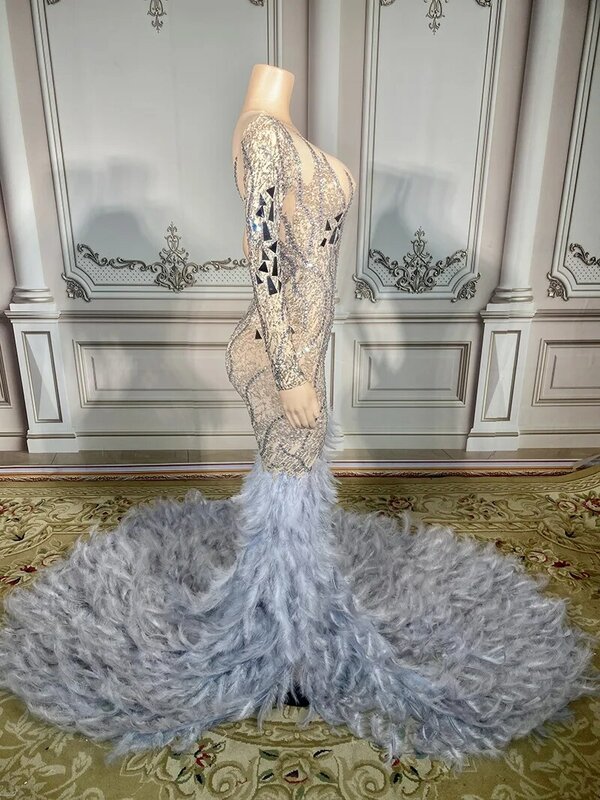 Robe de Luxe avec Queue de Plumes pour Femme, Tenue de Soirée, de Bal, de Célébrité, d'Anniversaire, de Chanteur, de Scène, de Mariage