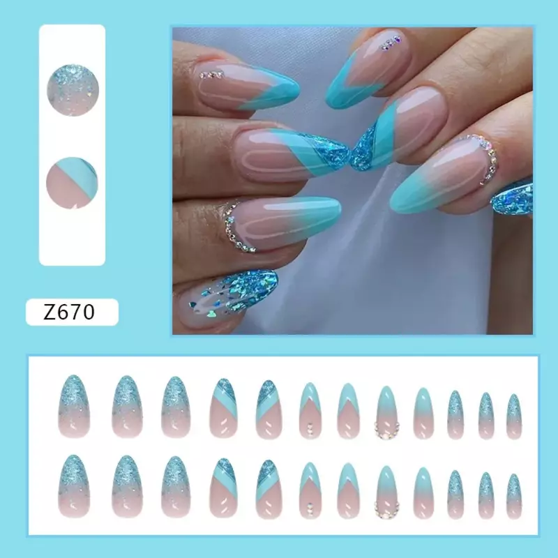24Pcs Almond Nail Blue Diamond Glitter Nail Art Fake Nails Artificial Acrylic Full Coverage False Nail Removable Press on Nails