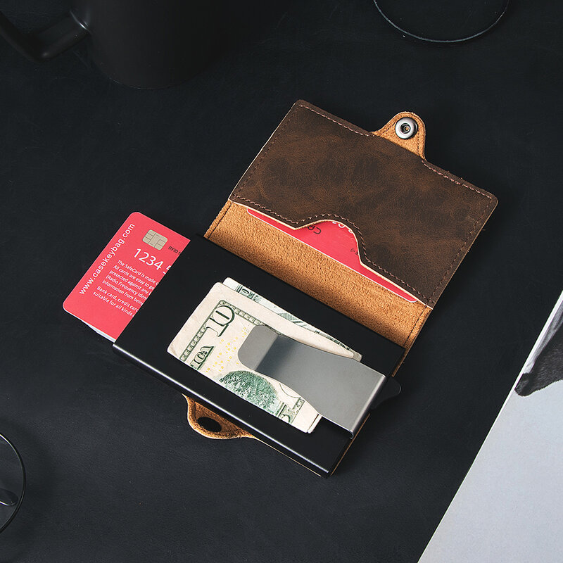 Casekey Pu 빈티지 가죽 카드 지갑, RFID 차단 팝업 카드 홀더, 머니 클립 및 포켓 포함, 최고 품질