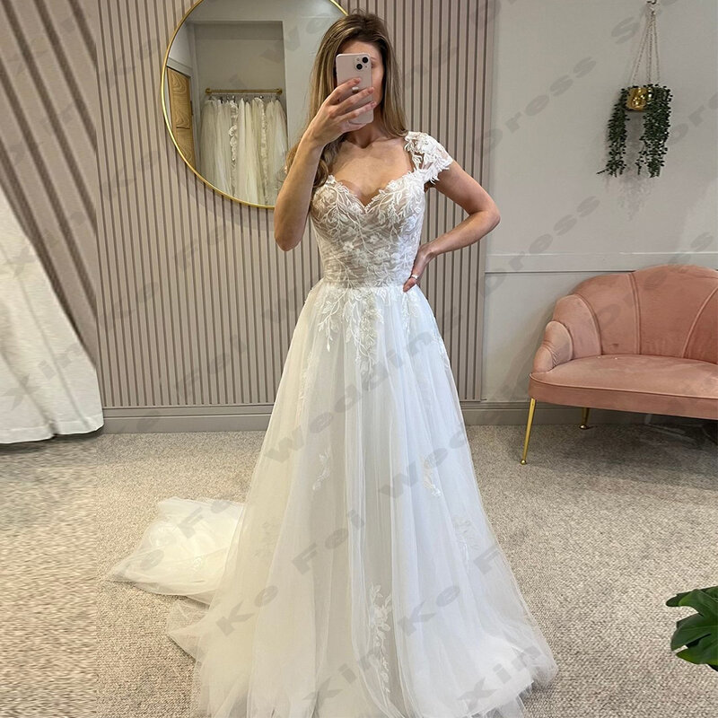Женское свадебное платье с кружевной аппликацией, элегантное платье принцессы трапециевидной формы из тюля в богемном стиле, модель 2024