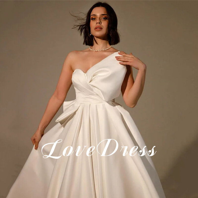 Love Charming Strapless Pleated Stain A-Line Wedding Dresses Elegant Sleeveless Irregular Collar Tea Length Simple Bridal Gowns