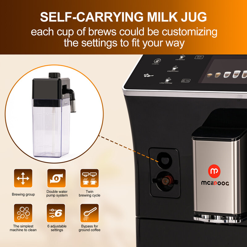 Mcilpog-全自動エスプレッソマシン,統合ミルク泡立て器とタンク,インテリジェントタッチディスプレイ,8フレーバー,ws202