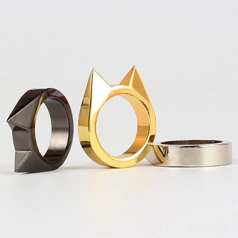1Pcs Women Men Safety Survival Ring Tool Self Defence Metal Ring Finger Defense Ring Tool Cat's Ear Ring Silver Gold Black Color
